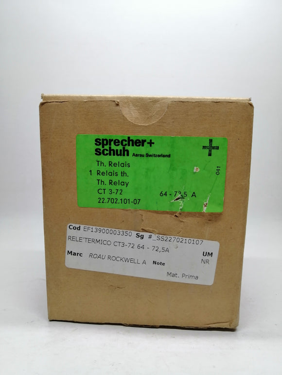 New | SPRECHUER SCHUH | EF13900003350 | SPRECHUER SCHUH CT3-72   22.702.101-07   64-72.5 AMP THERMAL RELAY